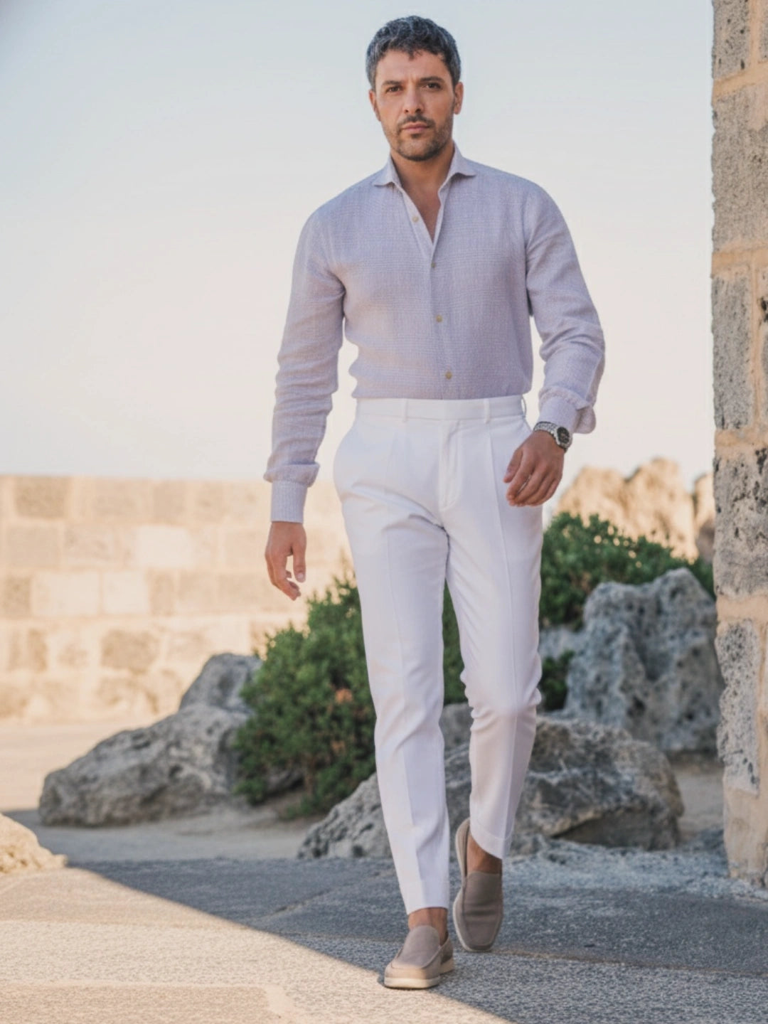 Beige Check -  linen shirt